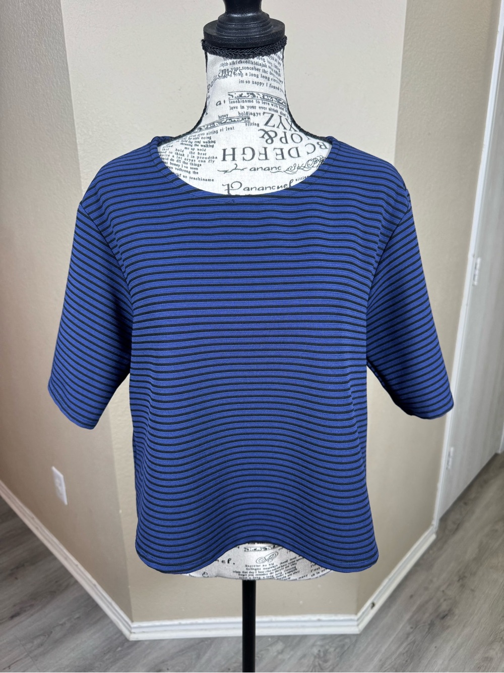 BCBGeneration Navy and Black Striped Short Sleeve Boxy Top